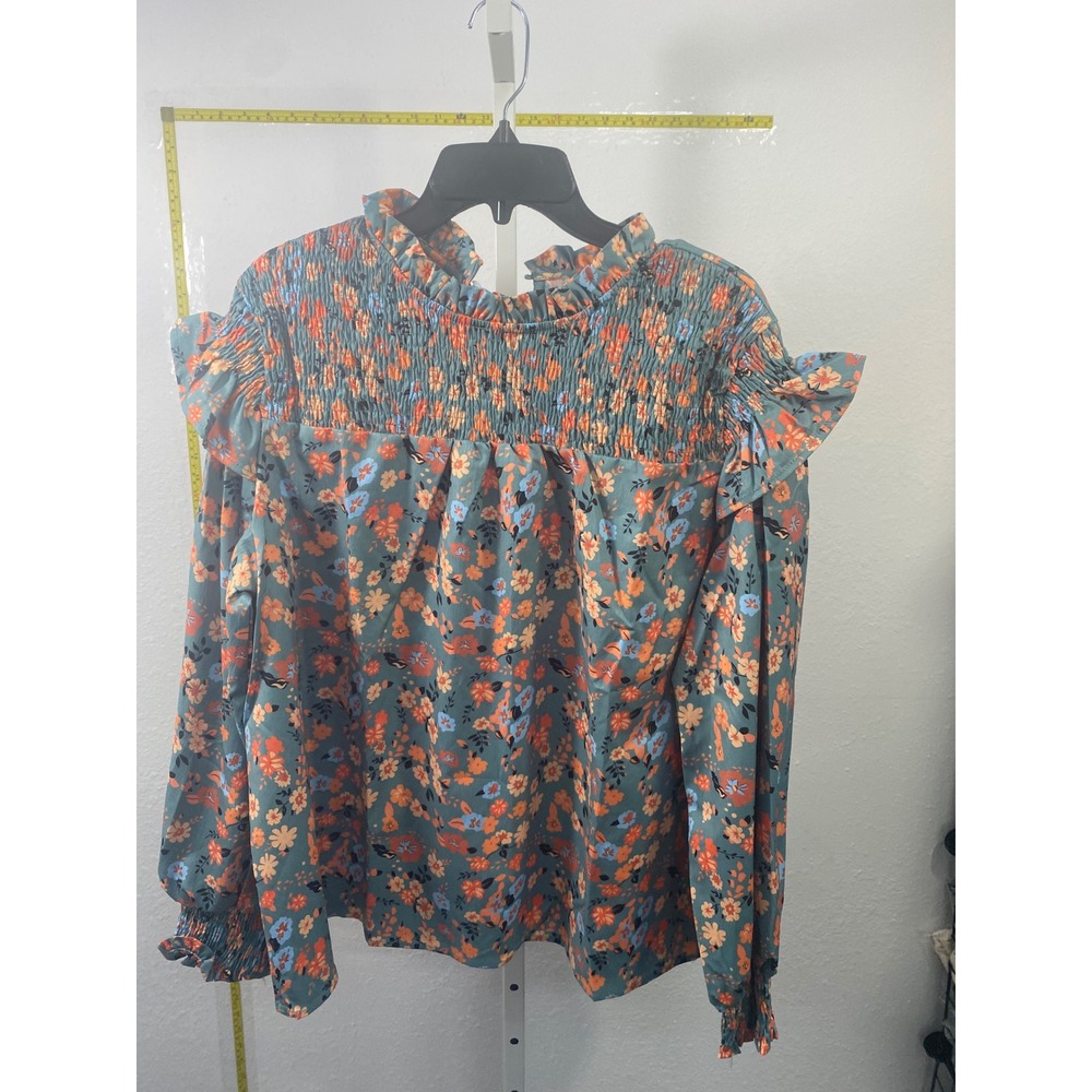 Floral‎ Smocked Ruffle Neck Blouse Long Sleeve Teal Orange Blue Top XL